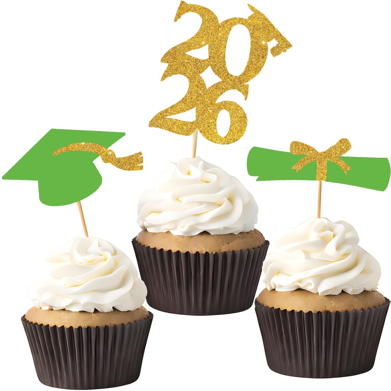 Graduation Decorations 2026-36 PCS Graduation Cupcake Toppers - 2026 Graduation Party Decorations - Mini Cake Decorations for Class of 2026,Diploma, 2026, Grad Cap Set (Green)